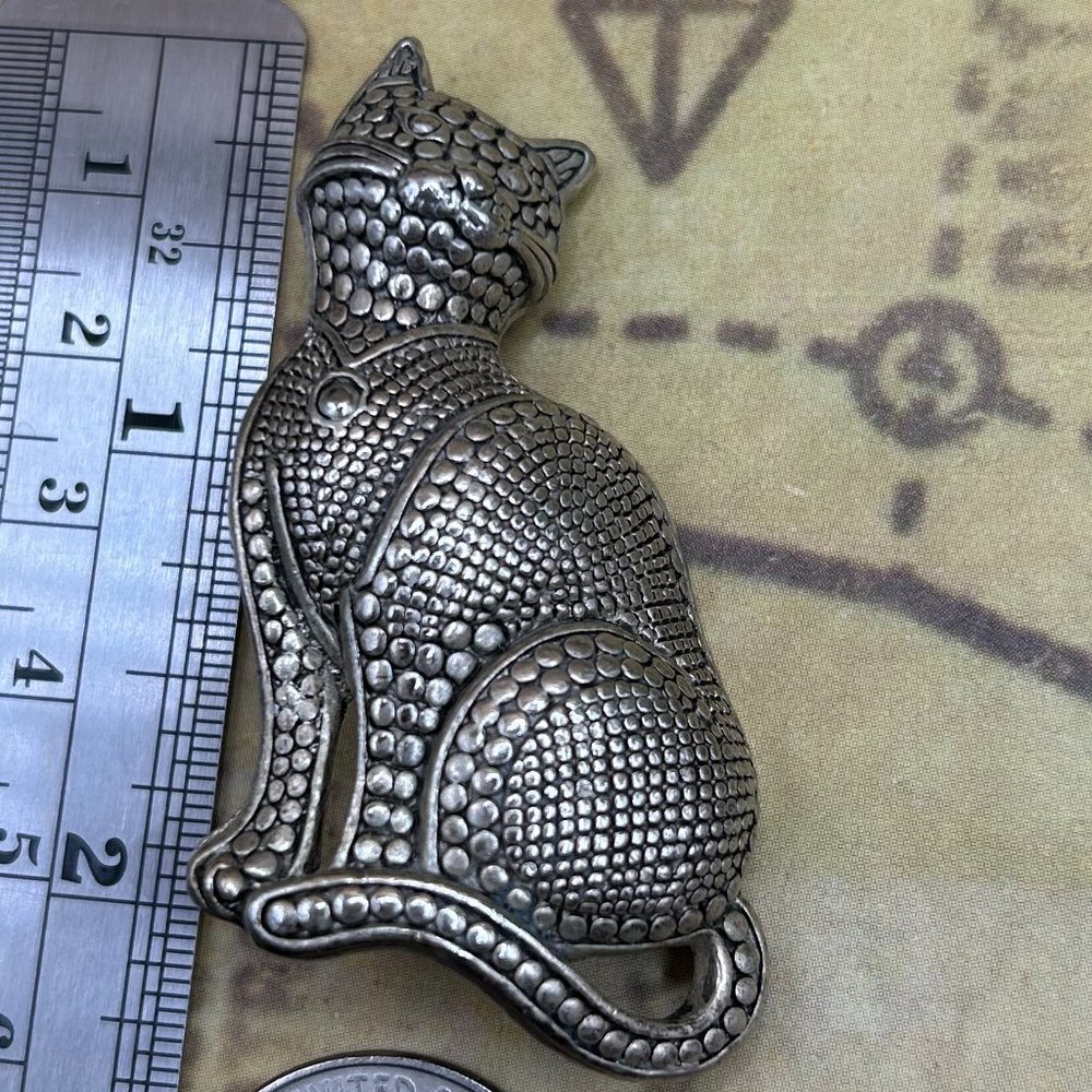 Vintage Large Silver Plated Figural Cat Animal Statement Brooch Pin Dot Pebble